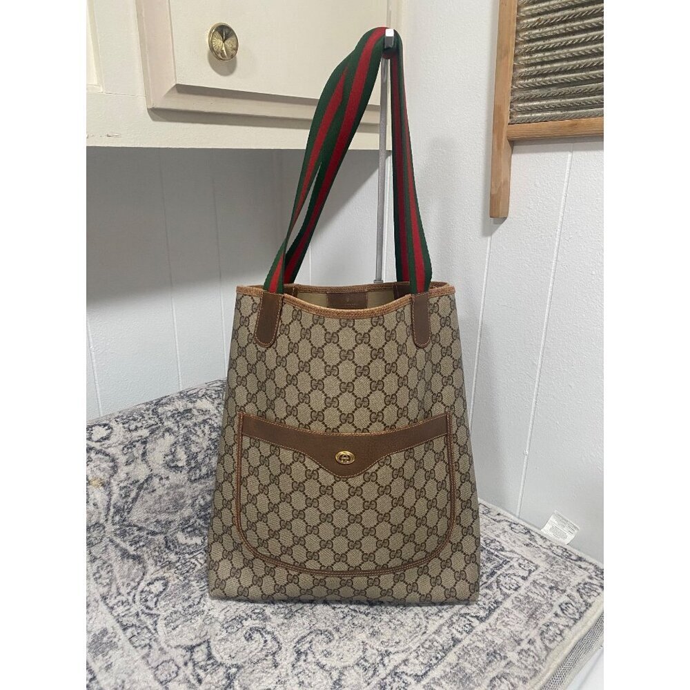 Vintage Gucci GG Supreme Monogram Sherry Line Canvas Tote Bag in Tan Brown - Picture 1 of 10